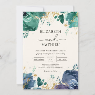 Invitation Emerald Turquoise Floral Mariage botanique