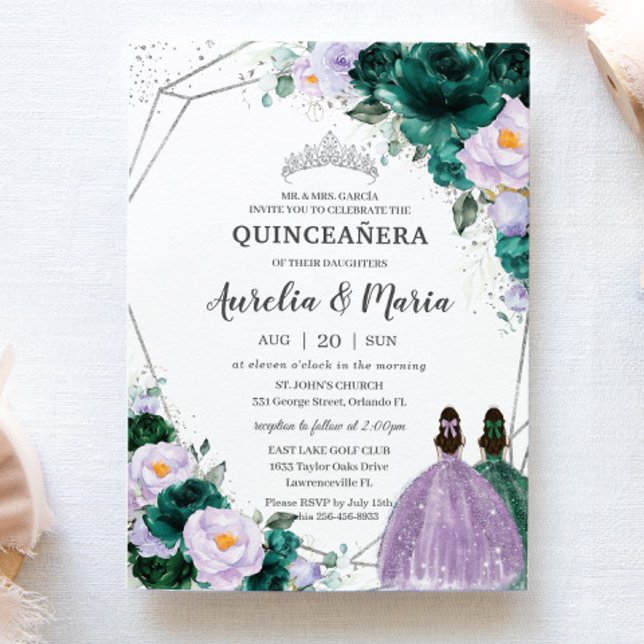 Invitation Emerald Violet Floral Twins Quinceañera Silver (Créateur téléchargé)