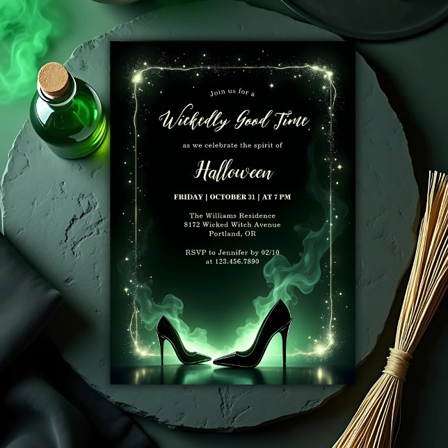 Invitation Emerald Wicktly Good Time Girls Halloween Party (Wickedly Good Time Halloween Party Invitation – Witch Heels, Emerald Smoke & Sparkle)