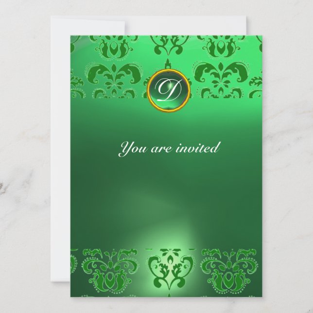 Invitation ÉMERALDE DAMASSÉ MONOGRAMME PIERRE PRÉCIEUSE verte (Devant)