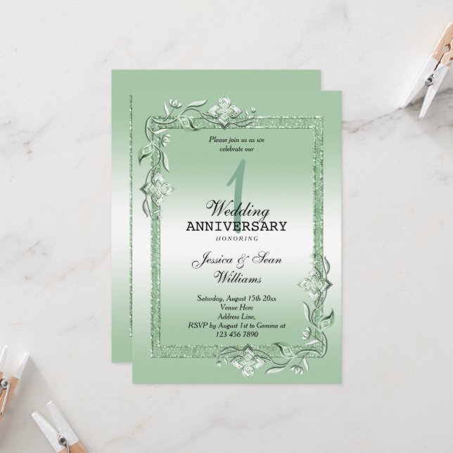 Invitation Émeraude Bijou & Paillettes 1er Mariage (Devant/Arrière en situation)