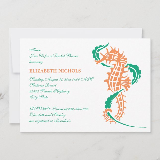 Invitation Émeraude de Seahorse, corail mariage douche nuptia (Devant)