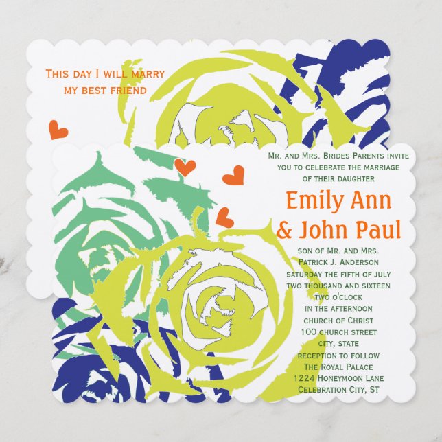 Invitation Émeraude et Marine Moderne Mariage Succulent Invit (Devant / Derrière)