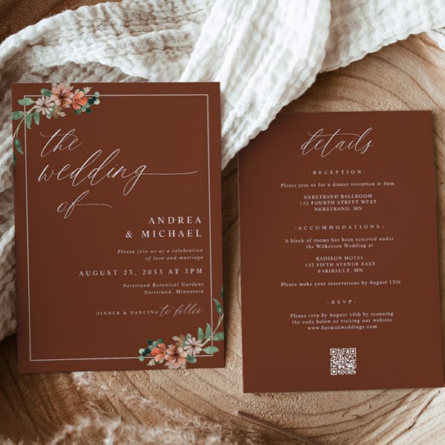 Invitation Émeraude et rouille Mariage floral orange brûlé (Emerald, Rust and Burnt Orange Floral Wedding Invitations for Fall or Winter Wedding)