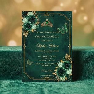 Invitation Émeraude Fleur de Papillon d'Or Quinceañera