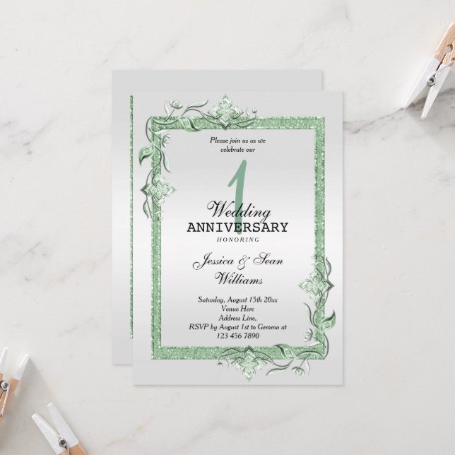 Invitation Émeraude Gem & Paillettes & Platine 1er Mariage (Devant/Arrière en situation)