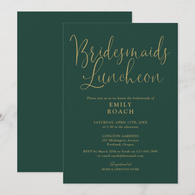 Invitation Émeraude Green Et Gold Script Bridesmaigre Déjeune (Devant / Derrière)