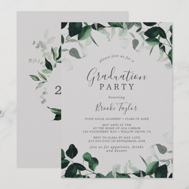 Invitation Émeraude | Grey Graduation Party (Devant / Derrière)