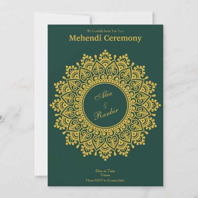 Invitation Émeraude Or Personnalisable Mehendi Henna Indian (Devant)