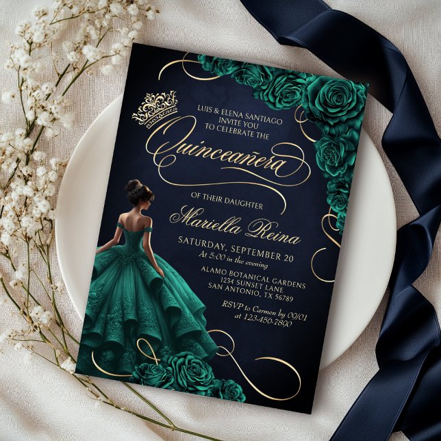 Invitation Émeraude Vert Floral Robe Quinceañera (Créateur téléchargé)