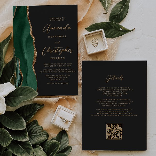 Invitation Émeraude Vert Or Agate Foncé Code QR Mariage (Créateur téléchargé)