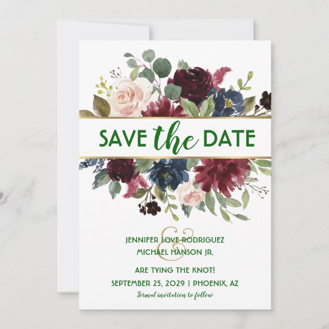 Invitation Émeraude Vert Or Merlot Navy Boho Save the Date  (Devant)