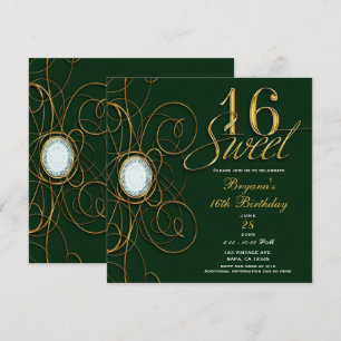 Invitation Emeraude verte et or Diamant Sweet 16 Anniversaire