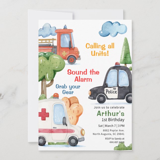 Invitation Emergency Vehicles Any Age Birthday (Devant)