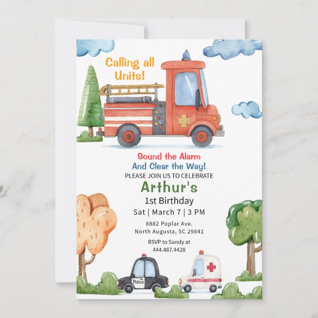 Invitation Emergency Vehicles Firetruck Birthday (Devant)