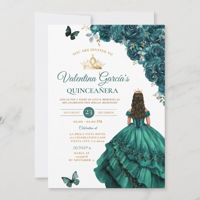 Invitation Emerland Green Dress Quinceañera 15 Anos Gold (Devant)