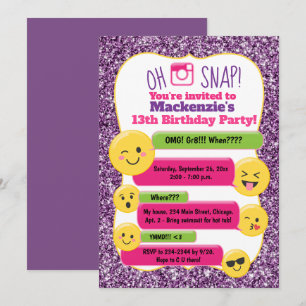 Invitation Emoji Ado de la fille Tween Anniversaire violet Pa