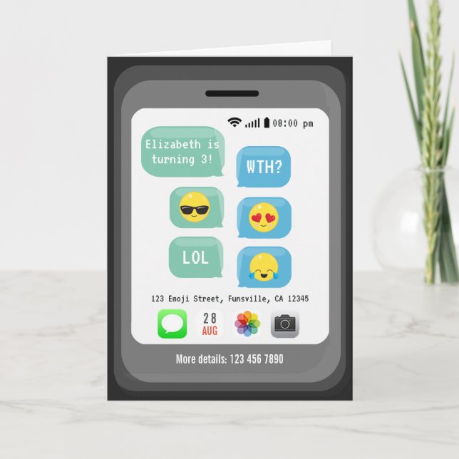 Invitation Emoji thème Virtual Birthday Party (Devant)