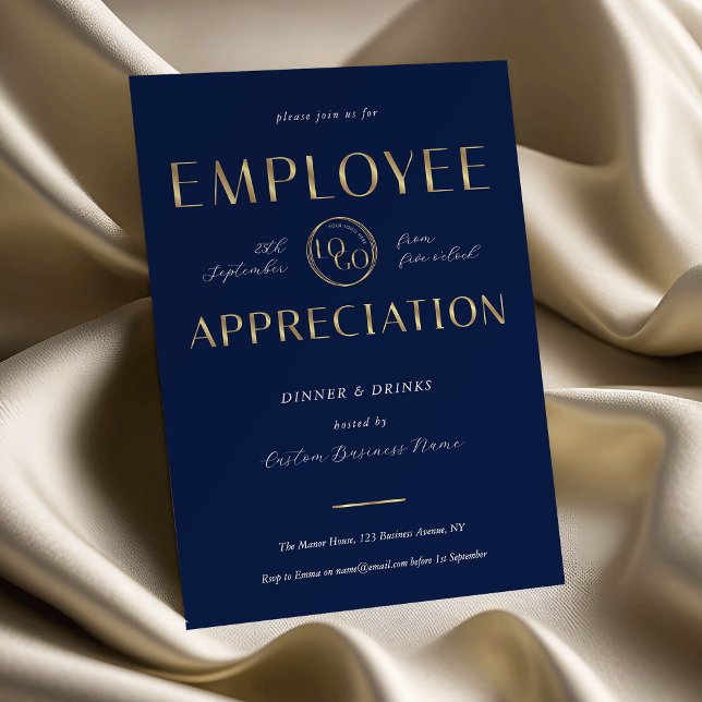 Invitation Employee Appreciation Navy & Gold Logo Business (Créateur téléchargé)