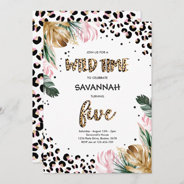 Invitation empreinte de léopard 5e anniversaire Safari Jungle (Devant / Derrière)