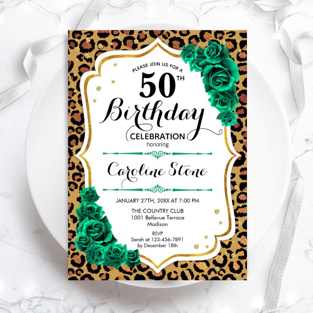 Invitation Empreinte de léopard d'or vert 50e anniversaire (Créateur téléchargé)