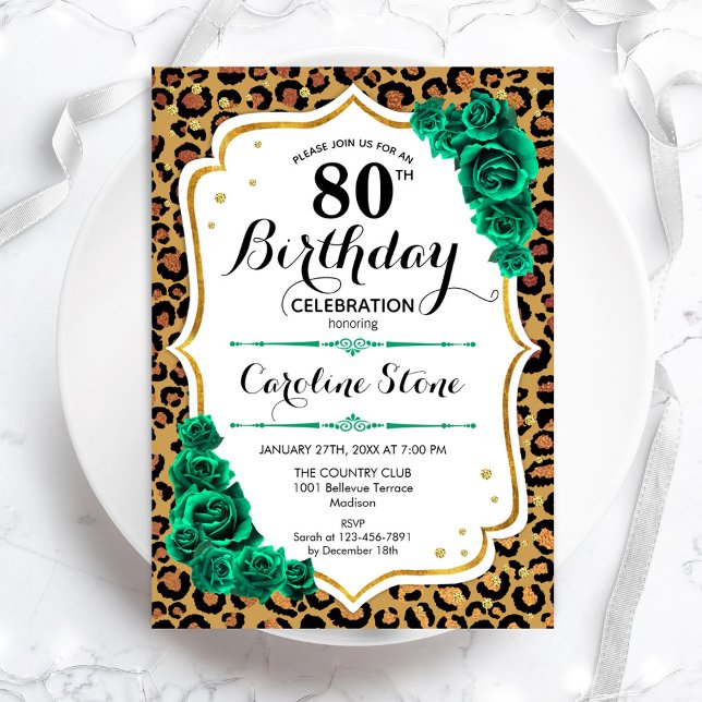 Invitation Empreinte de léopard Green Gold 80e anniversaire (Créateur téléchargé)