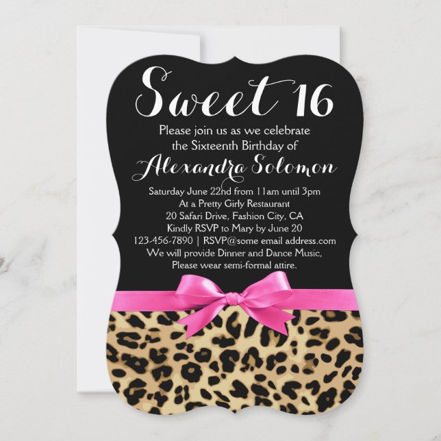 Invitation Empreinte de léopard Hot rose Bow Sweet 16e annive (Devant)