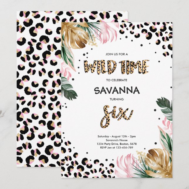 Invitation Empreinte de léopard Jungle Safari 6e fête d'anniv (Devant / Derrière)