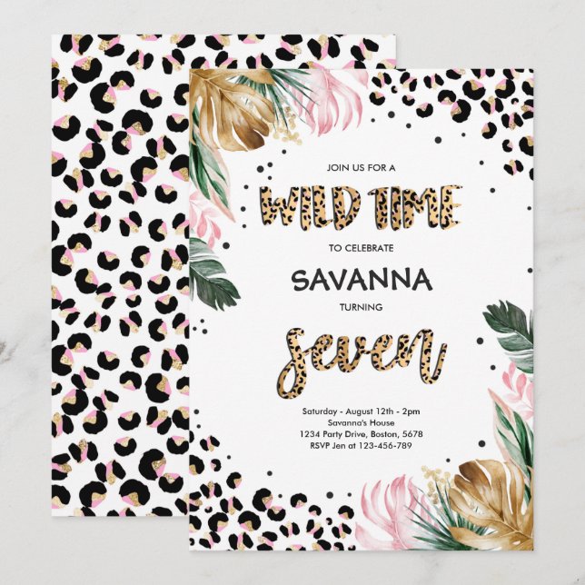 Invitation Empreinte de léopard Jungle Safari 7e fête d'anniv (Devant / Derrière)