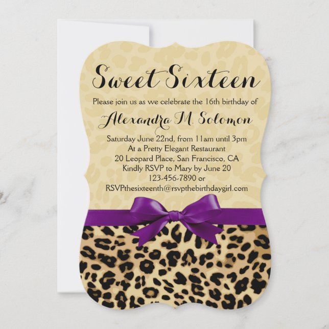 Invitation Empreinte de léopard Purple Bow Sweet 16 Party Inv (Devant)