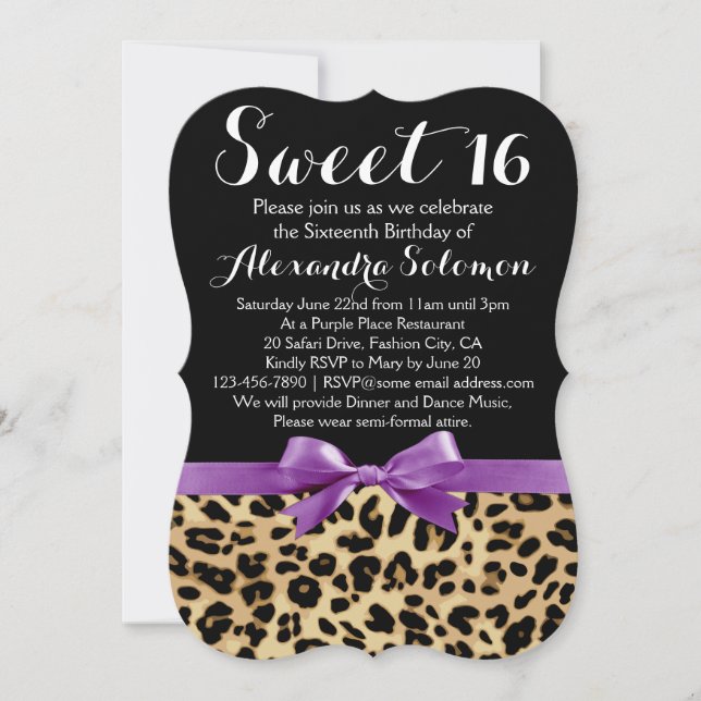 Invitation Empreinte de léopard Purple Bow Sweet 16e annivers (Devant)
