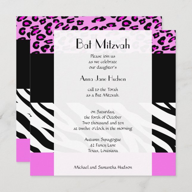 Invitation Empreinte de léopard, Zebra Print, Rose, Bat mitzv (Devant / Derrière)