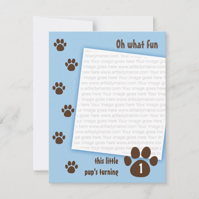 Invitation Empreinte de patte Brown sur l'anniversaire bleu (Devant)