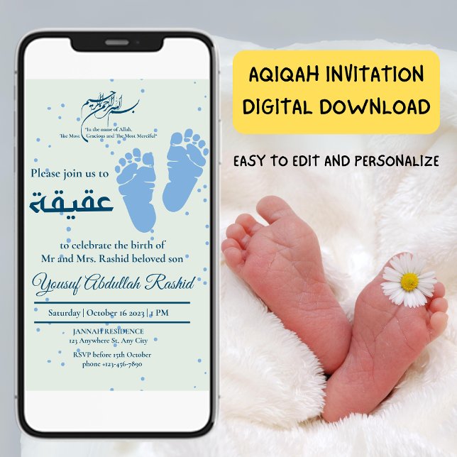 Invitation Empreinte Enfant nouveau-né garçon musulman Aqiqah (Footprint Newborn Baby Boy Muslim Aqiqah Aqeeqa Invitation)