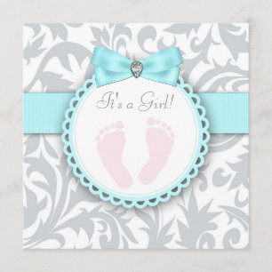 Invitation Empreinte turquoise bleue et gris Bébé Fille Douch