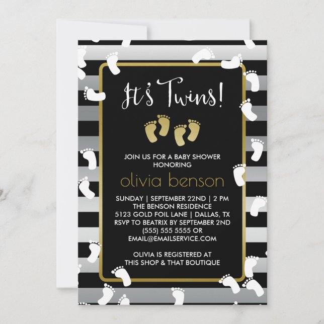 Invitation Empreintes blanches Baby shower des jumeaux argent (Devant)
