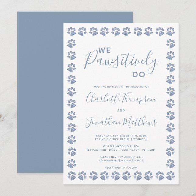 Invitation Empreintes de pattes de Parties scintillant bleu D (Devant / Derrière)