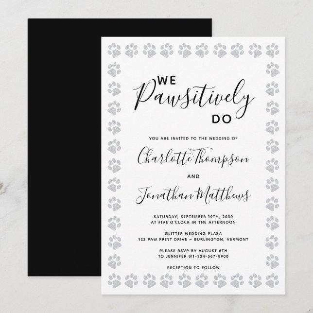 Invitation Empreintes de pattes Parties scintillant en argent (Devant / Derrière)