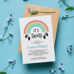 Invitation Empreintes Rainbow Boy Twins Baby shower bleu Invi