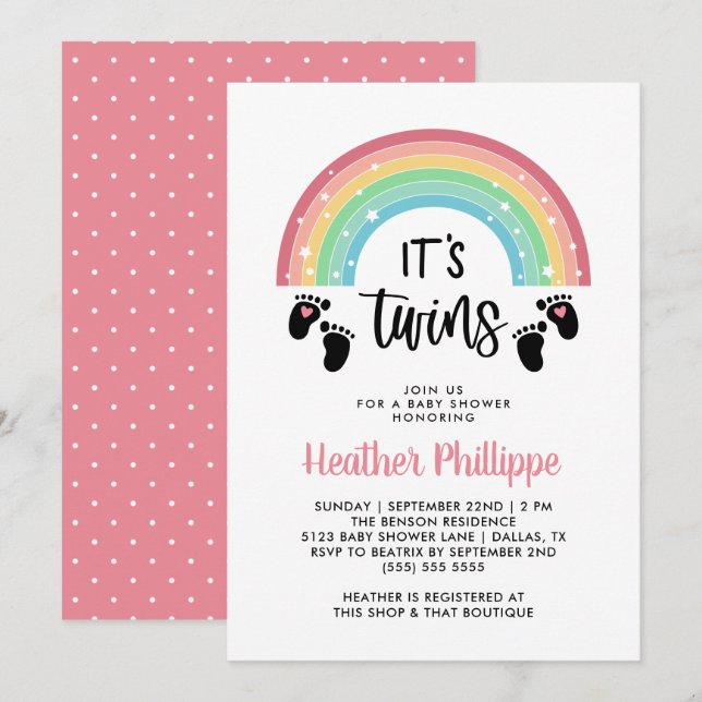 Invitation Empreintes Rainbow Rose Girl Baby shower jumeaux (Devant / Derrière)