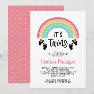 Invitation Empreintes Rainbow Rose Girl Baby shower jumeaux
