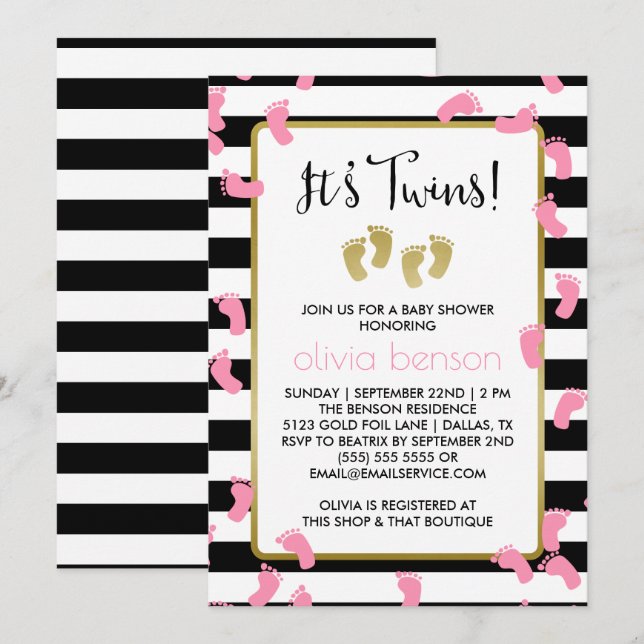 Invitation Empreintes roses Baby shower Black & Gold Twins (Devant / Derrière)