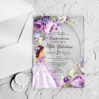 Invitation en acrylique violet argent pour Quincea