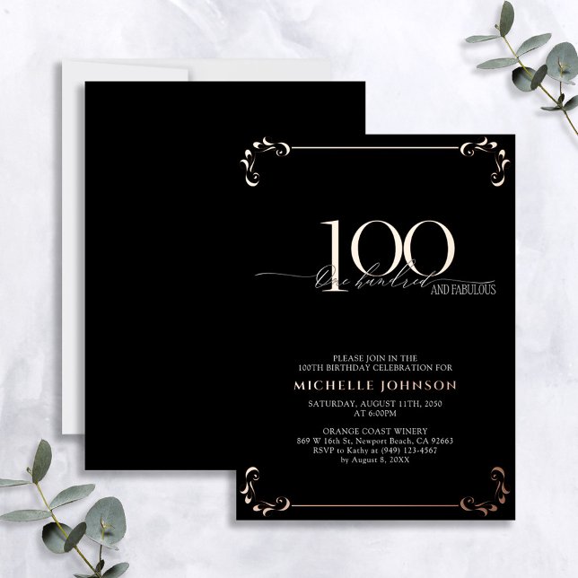 Invitation En Aluminium 100& Fabuleux Black Rose Gold Calligraphie Anniver (Créateur téléchargé)