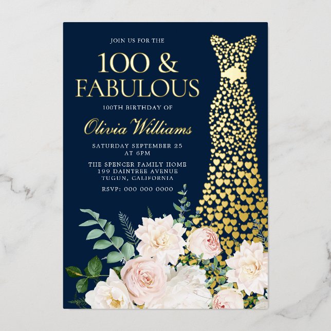 Invitation En Aluminium 100 & Fabulous Navy & Gold 100e anniversaire (Recto)