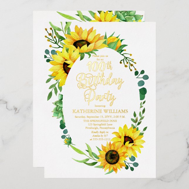 Invitation En Aluminium 100e fête d'anniversaire tournesol | Floral d'Euca (Recto/Verso)