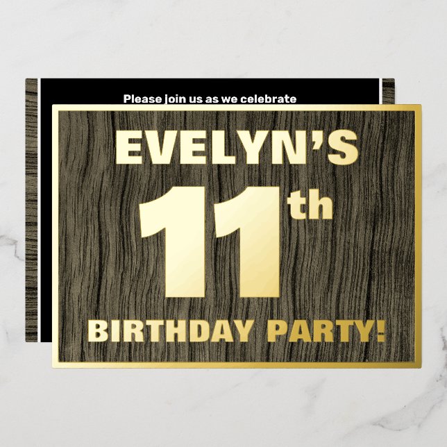 Invitation En Aluminium 11e Birthday Party: Bold, Faux Wood Grain Pattern (Recto/Verso)