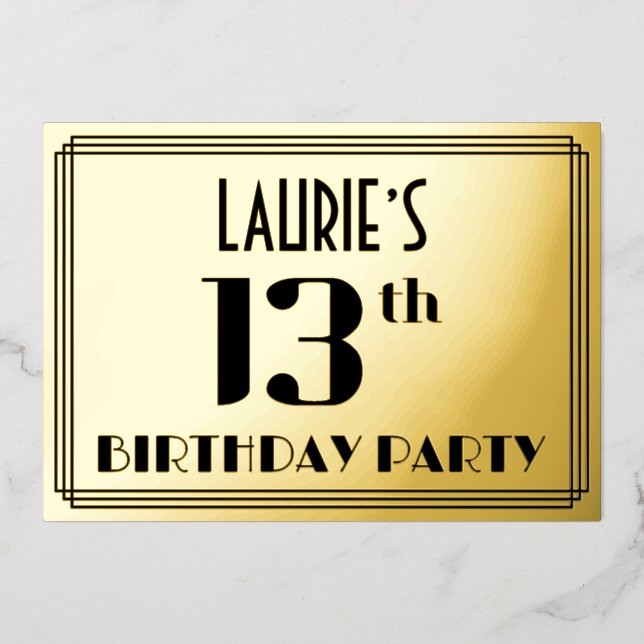 Invitation En Aluminium 13th Birthday Party: Art Deco Look “13” and Name (Recto)