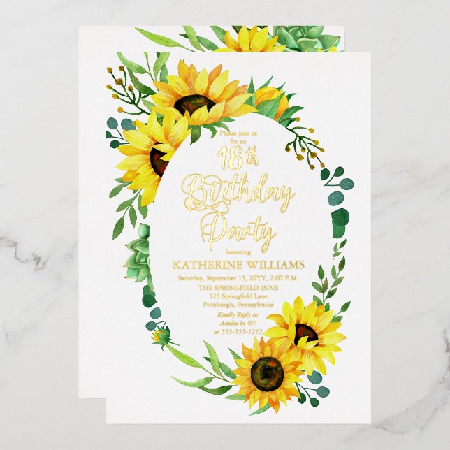 Invitation En Aluminium 18e fête d'anniversaire tournesol | Floral d'Eucal (Recto/Verso)
