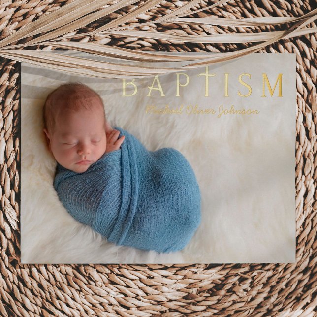 Invitation En Aluminium 1 Photo Croix Bleue Religieux Garçon Baptême Or (1 Photo Religious Cross Blue Boy Baptism Gold Foil Invitation)